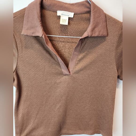 Urban Romantics Brown Crop Top Collared T-Shirt Size M - Picture 3 of 5